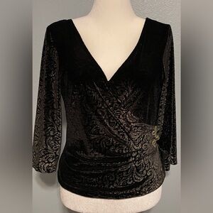 Cachet Black Velvet Burnout Top Metallic Paisley Wrap Ruched Y2K Party Large